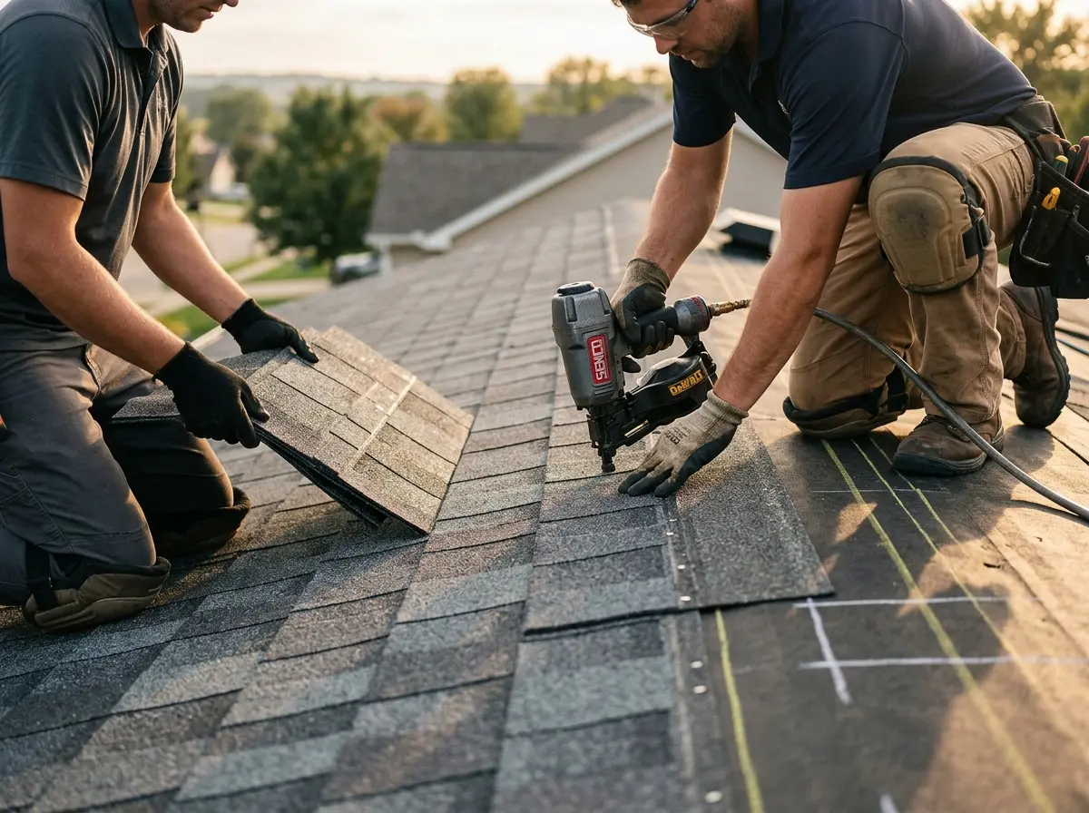 Professional roofer working on a residential roof in Meraux